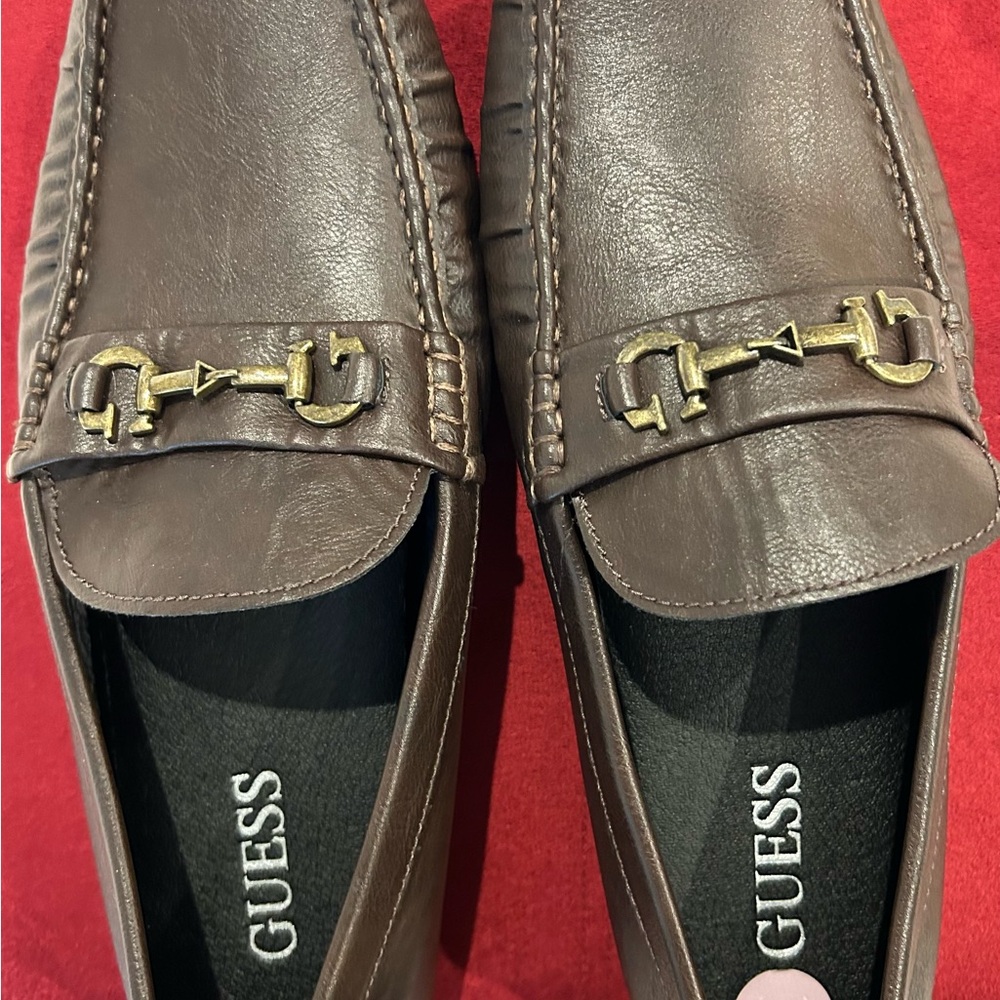 Guess Brown Leather Loafers with Gold Hardware